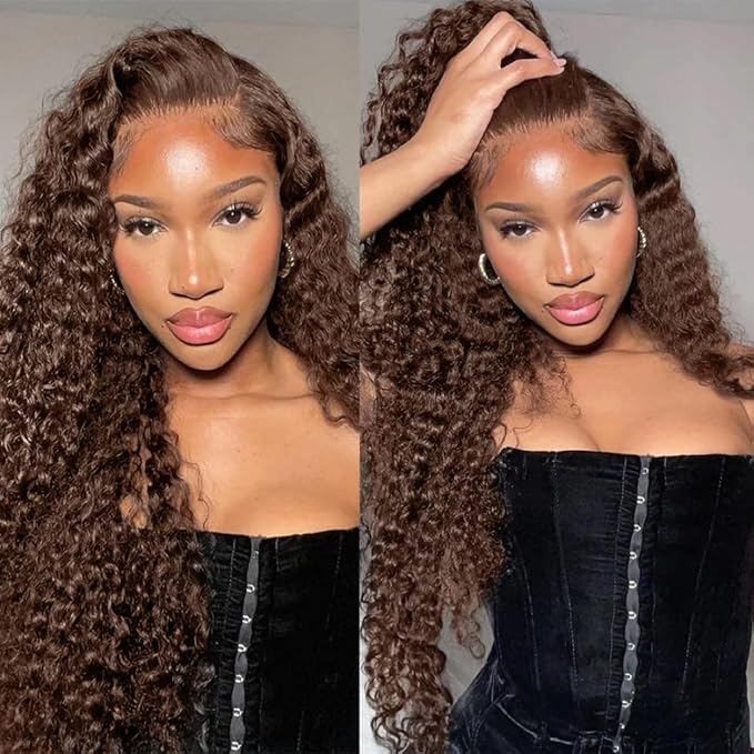 30Inch 220% Density Chocolate Brown Lace Front Wigs Human Hair 13x6 Deep Wave Lace Front Wigs Human Hair Pre Plucked Colored Curly Wig 100% Unprocessed Brazilian Virgin Hair for Women