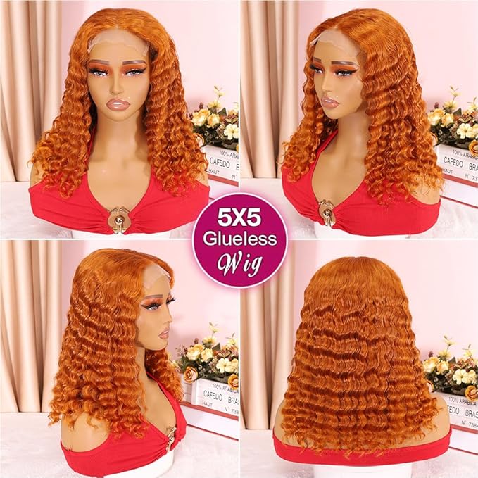 Curly Bob Wig Human Hair Deep Wave 200% Density 5x5 HD Lace Closure Wigs Human Hair Bob Wigs For Black Women Wear And Go Glueless Curly Wig Ginger Color 18 Inch