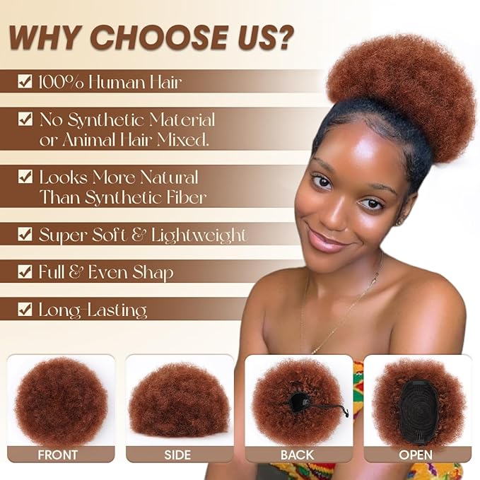 Human Hair Ponytail Kinky Curly #33 Dark Auburn 100% Human Hair Kinky Curly Durable Natural Soft and Smooth Retro Kinky Curly Ponytail Wig