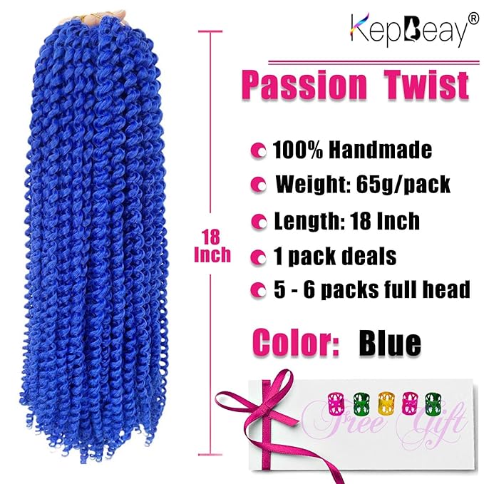 18Inch Passion Twist Hair 1Pack Passion Twist Crochet Hair Water Wave Crochet Hair (18 Inch (Pack of 1), Blue) …