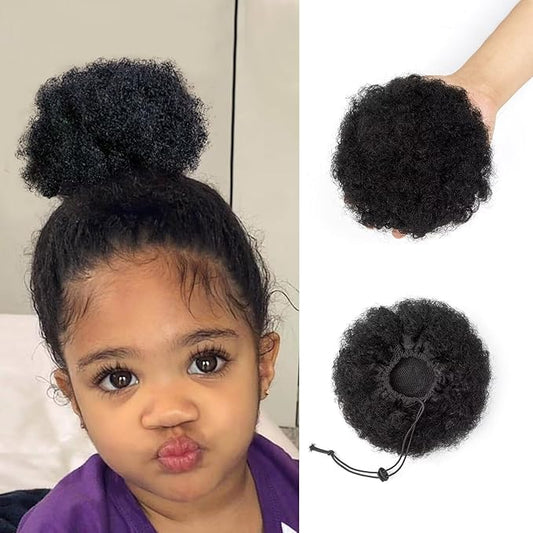 Afro Puff Ponytail for Black Women 100% Human Hair Ponytail Extension Short Updo Hair Buns Small Size Curly Ponytail for Little Girls 2 Clips 4 Inch Jet Black Color ,Soft, And Durable For Repeated Use