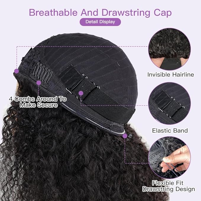 Ali Grace Kinky Curly Half Wig Human Hair 250% Density 3 In 1 Drawstring Seamless Flip Over Half Wigs For Women Glueless Wigs Beginner Friendly Half Curly Human Hair Wig 18 Inch (Black, 18inch)