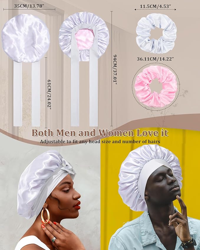 Reversible Satin Bonnet for Sleeping Women Double Layer Hair Bonnet with 2PCS Hair Scrunchies Elastic Tie Band Night Cap