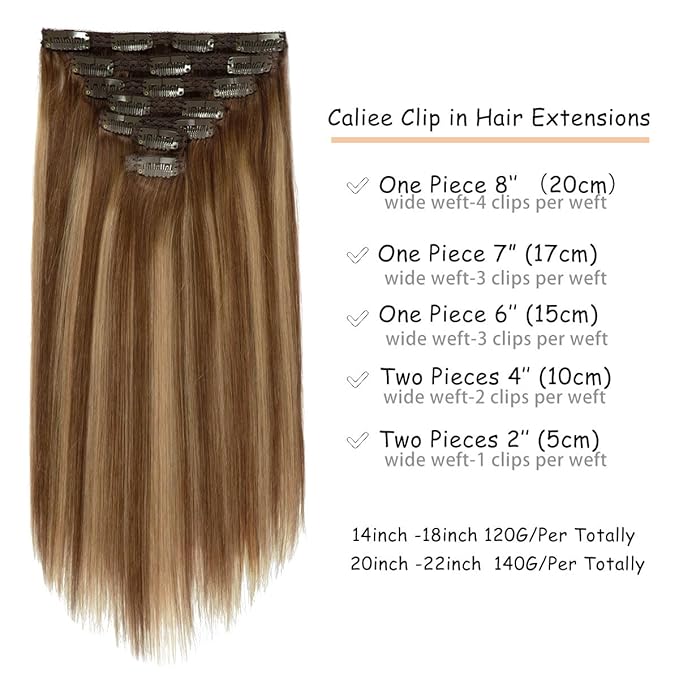 Caliee Clip in Hair Extensions Human Hair R4-4-27 Chocolate Brown Mix Caramel Brown with Brown Roots Thick Soft Remy Hair Extensions Clip in 140 G Lace Weft 22 Inch Long