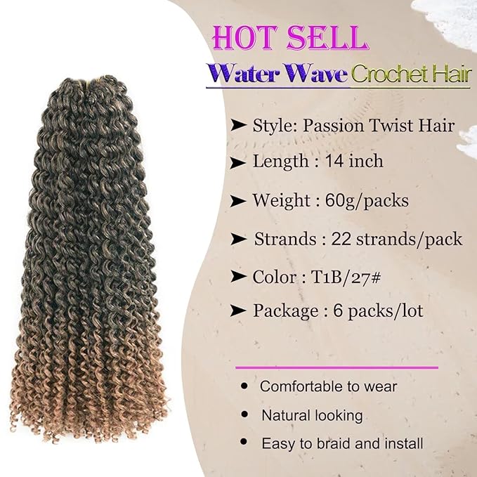 14inch Passion Twists Hair - Ombre Water Wave Crochet Hair for Black Women,Bohemian Curly Braiding Hair for Butterfly Locs,Faux Locs,Boho Style Crochet Braids Hair Extensions(T27#, 132 Strands)