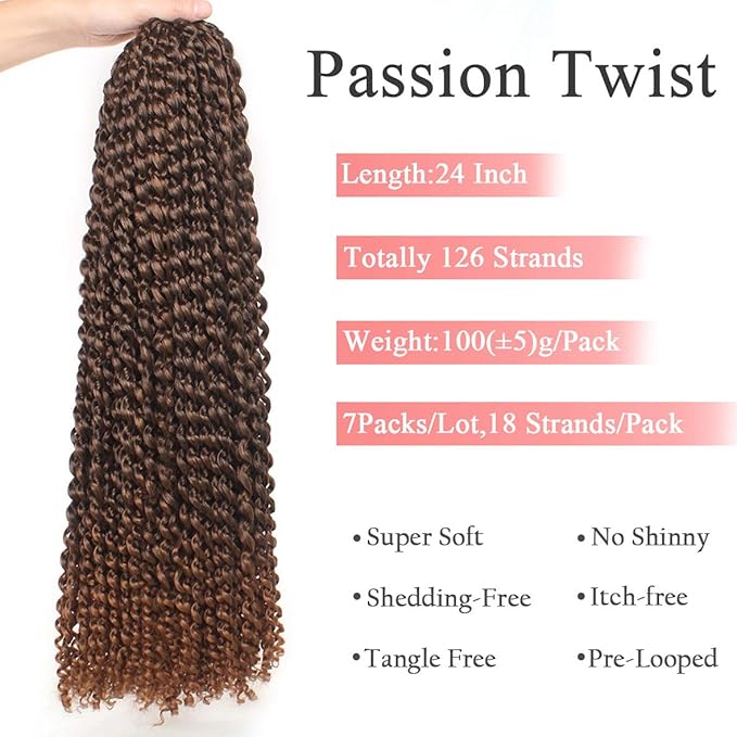Leeven 24 Inch Long Water Wave Braiding Hair for Butterfly Locs 7 Packs Omber Brown Passion Twist Crochet Braids Hair Hot Water Setting Bohemian Passion Twists Braids Hair for Women T30#