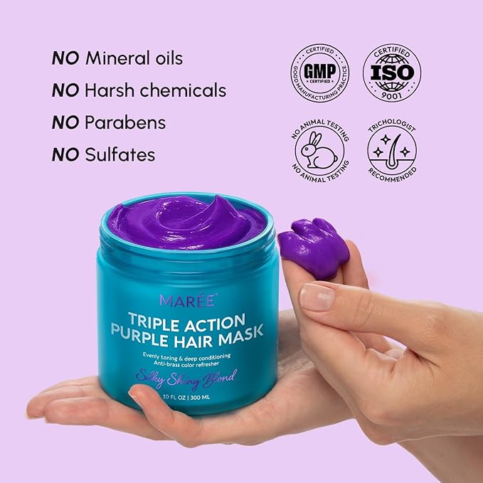 MAREE Deep Conditioning Purple Hair Mask for Blonde Hair – Purple Toner for Brassy, Bleached, Silver, or Color Treated Hair – Hair Repair Mask Keratin Hair Treatment – Matizador Para Cabello Rubio