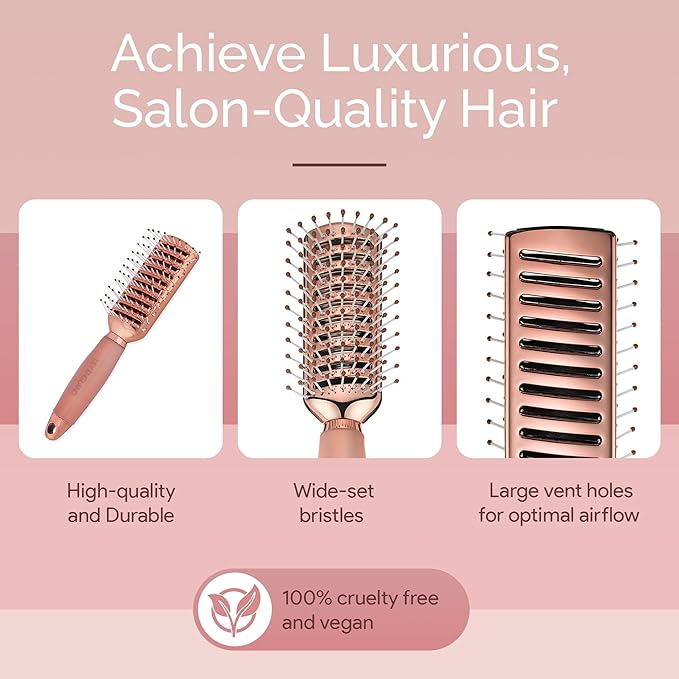 Lily England Vented Hair Brush for Blow Drying - Easy Detangling Hairbrush for Women for Fine, Thick, Curly Hair with Non-Slip Gel Handle - Static Free Vent Hair Brushes for Faster Drying, Rose Gold