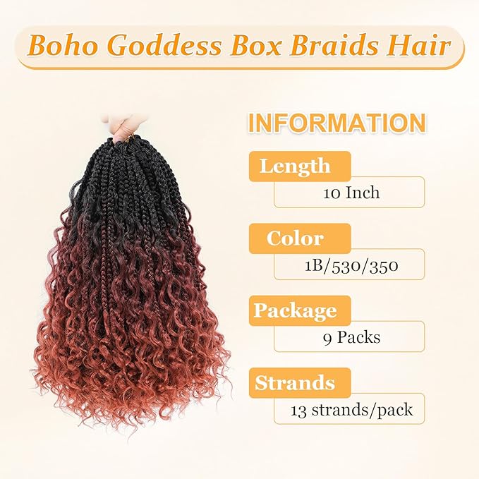 Goddess Box Braids Crochet Hair 10 Inch Boho Crochet Box-Braids With Curly Ends, 9 Packs Bohomian Box- Braid Crochet-Hair For Black Women Pre Looped Box Braiding (10Inch,1B/530/350)