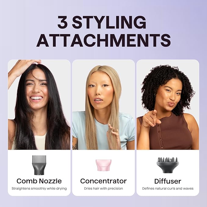 Wavytalk Hair Dryer with Diffuser, Blown Away Ionic Blow Dryer for Curly Hair with Comb, 1875W Fast Drying Hair Dryer with Ceramic Technology, 3 Attachments for All Hair Types, Light and Quiet, Pink