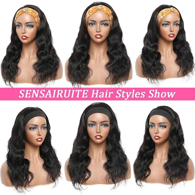 SENSAIRUITE Headband Wig Human Hair Body Wave 20 Inch None lace Front Wear and Go Glueless Headband Wig for Black Women Natural Black Color 180% Density