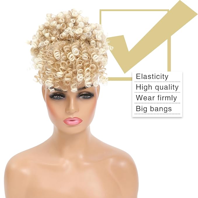 ENTRANCED STYLES Drawstring Ponytail with Bangs Afro Puff Ponytail Extensions for Women Short Curly Puff Ponytail with Bangs Clip in Wrap Updo Hairpiece for Women (T27/613)