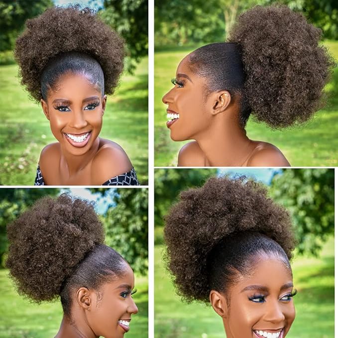 Afro Puff Drawstring Ponytail with Bangs ponytail extension for black women Short Curly Clip in Wrap Updo Hairpiece(4#) (No bangs, 4#)