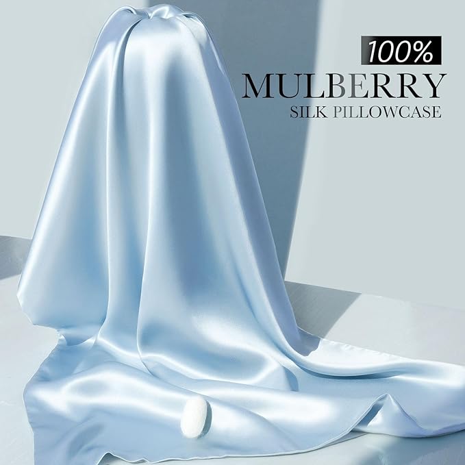 100% Mulberry Silk Pillowcase for Hair and Skin, 22 Momme Pure Natural Silk Pillow Case Both Sided with Zipper, Pillow Cover for Women Mom Men (Light Blue, Queen 20''×30'', 1 Pack)