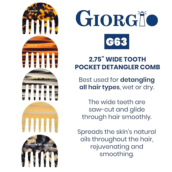 Giorgio G63 Wide Tooth Comb - Detangling, Pocket and Travel Comb for Thick Hair, Hair Detangler for Wet and Dry Everyday Care. Handmade, Saw-Cut, and Polished