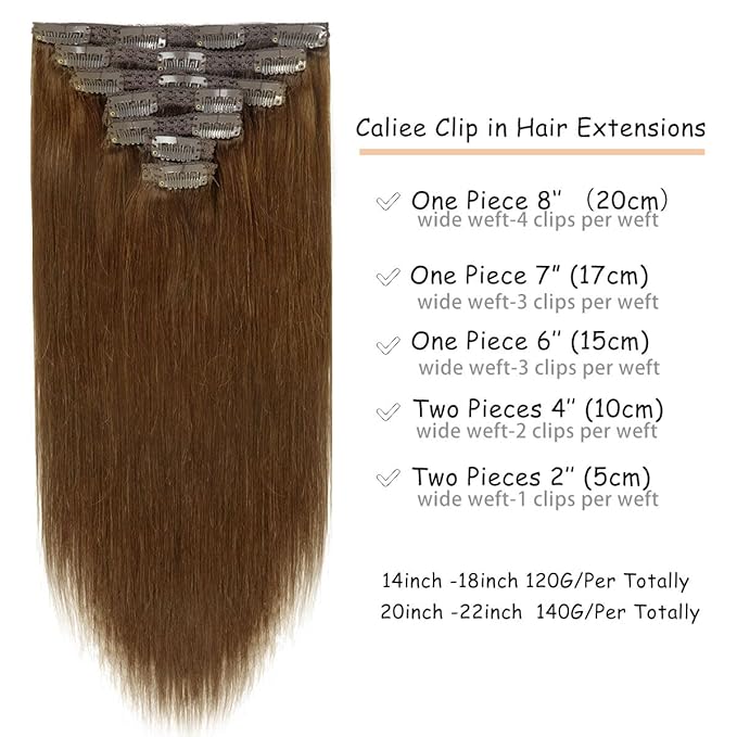 Caliee Hair Extensions Human Hair Chocolate Brown Color Silky Straight Clip in Extensions Invisible Double Weft for Women Full Head Seamless Hair Extensions 120g 16inch