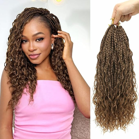 Eacia Goddess Box Braids Crochet Hair 14 Inch 7 Packs Pre Looped Crochet Hair with Curly Ends Short Boho Box Braids for Women(14 Inch, M33/30/27#)