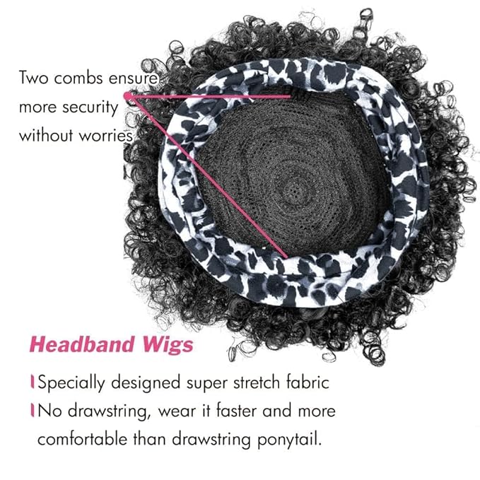 Short Afro Wigs for Black Women Afro Kinky Curly Wigs with Headbands Attached No Drawstring Leopard Short Headband Afro Puff Wigs for Black Women