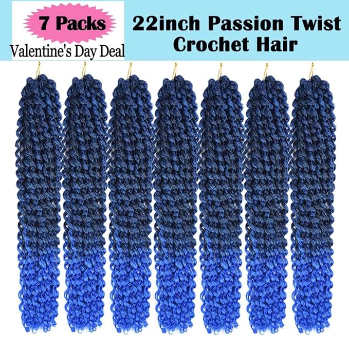 22inch Blue Water Wave Crochet Hair for Butterfly Soft Locs 7 Packs Ombre Blue Passion Twists Hair Synthetic Crochet Hair Long Bohemian Locs Braiding Hair Extensions (22" 7packs T1B/blue#)