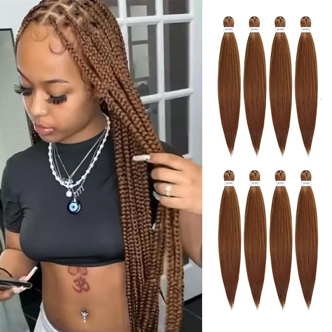 Pre-stretched Braiding Hair - 24 Inch 8 Packs Brown Braiding Hair For Twist or Box Braids, Long Yaki Texture Hot Water Setting Synthetic Braiding Hair Extensions (24 Inch, #30-8P)