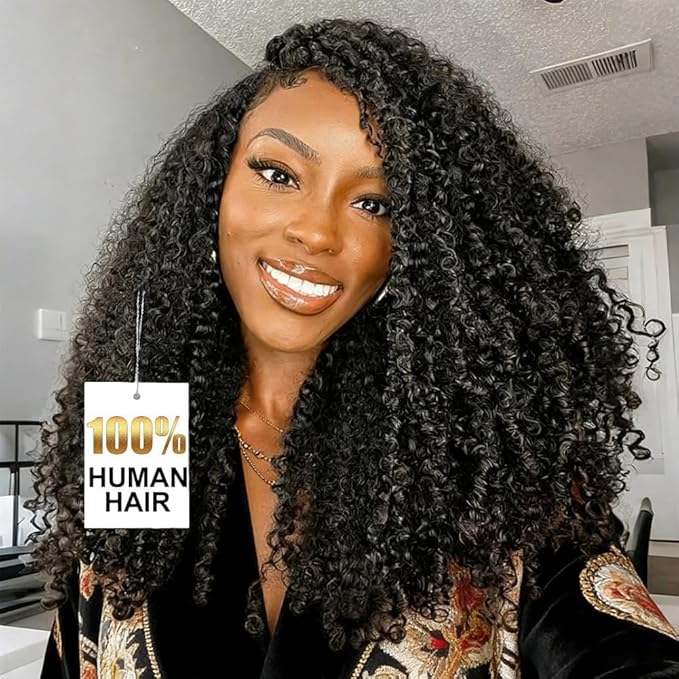Ali Grace Kinky Curly Half Wig Human Hair 250% Density 3 In 1 Drawstring Seamless Flip Over Half Wigs For Women Glueless Wigs Beginner Friendly Half Curly Human Hair Wig 22 Inch (Black, 22inch)