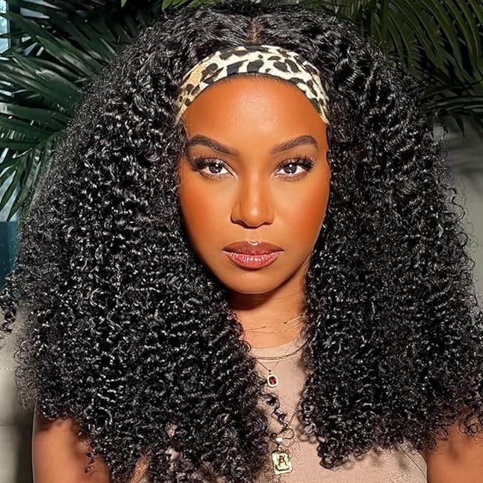XSY Headband Wig Human Hair Kinky Curly 16 Inch Glueless Headband Wig Deep Curly No Lace Front Wigs Human Hair for Black Women 150% Density Wig Natural Color