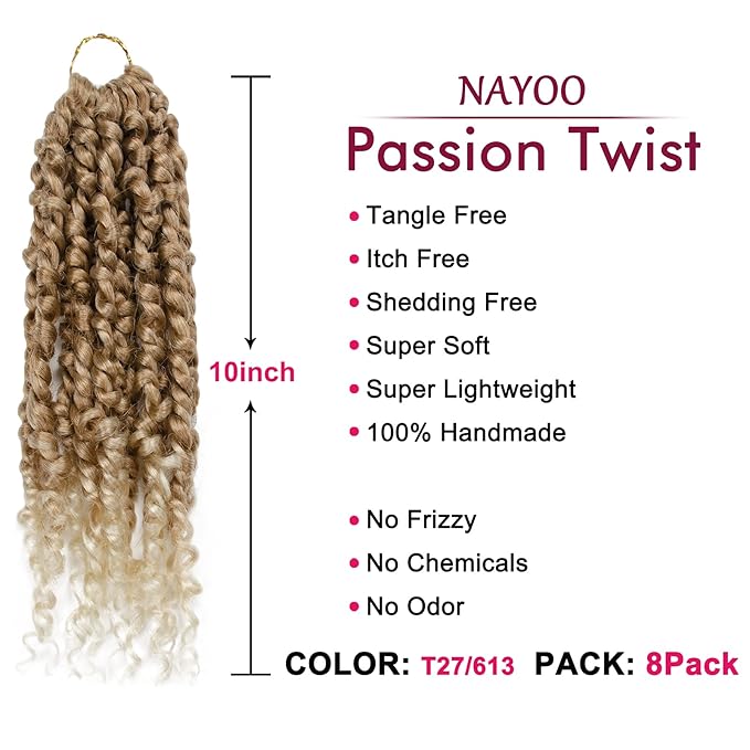 Passion Twist Hair - 8 Packs 10 Inch Passion Twist Crochet Hair For Women, Crochet Pretwisted Curly Hair Passion Twists Synthetic Braiding Hair Extensions (10 Inch 8 Packs, T27/613)