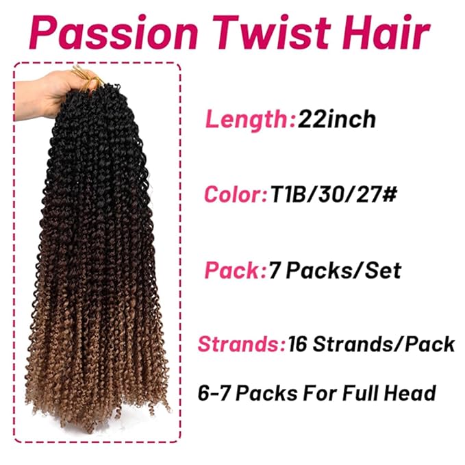 Dorsanee Ombre Passion Twist Hair 22 Inch 7 Packs Water Wave Crochet Hair Long Bohemian Curly Braiding Hair for Butterfly Locs, Faux Locs, Boho Style Spring Twist Crochet Braids (1B/30/27#)