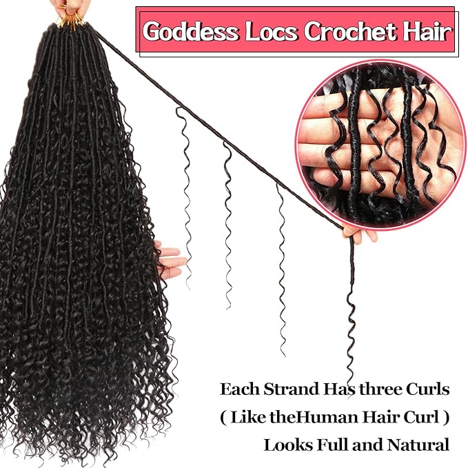 Goddess Locs Crochet Hair-30 Inch 8 Packs Boho Faux Locs Crochet Hair for Black Women Pre Looped Soft Locs with Curly Ends (1B#, 30 Inch(Pack of 8))