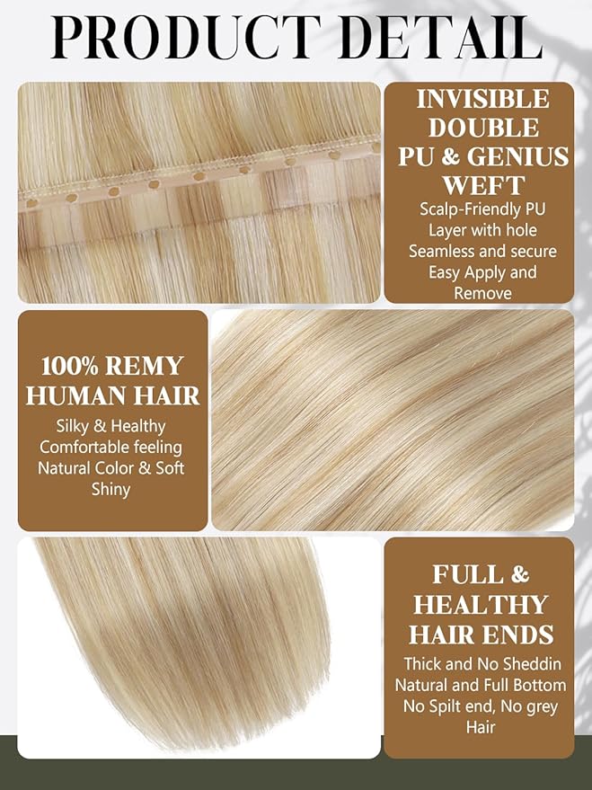 LOXXY Twin Tab Butterfly Genius Weft Human Hair Extensions - Double Invisible Real Remy Hair Beaded Extensions Weft - 14 Inch 100g Golden Blonde to Light Blonde, Twin Tabs Width 31.5"(80cm)