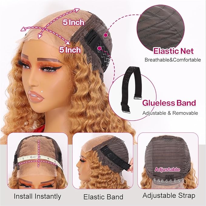 Curly Bob Wig Human Hair Deep Wave 200% Density 5x5 HD Lace Closure Wigs Human Hair Bob Wigs For Black Women Wear And Go Glueless Curly Wig Blonde Color 12 Inch