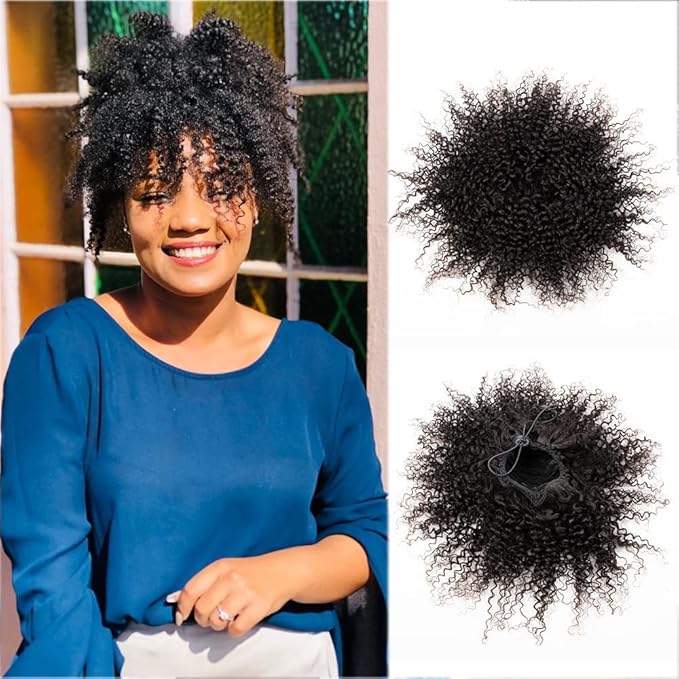 Curly Ponytail Extension Human Hair for Black Women Girls Invisible Kinky Curly Ponytails Afro Puff Drawstring Ponytail Afro Puffs 14 Inch #1B Natural Black