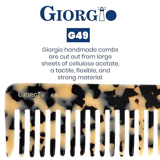 Giorgio G49 White Tokyo Wide Tooth Detangler Comb for Thick Curly Wavy Hair, Wet or Dry. Handmade Quality Cellulose, Saw-Cut, Hand Polished