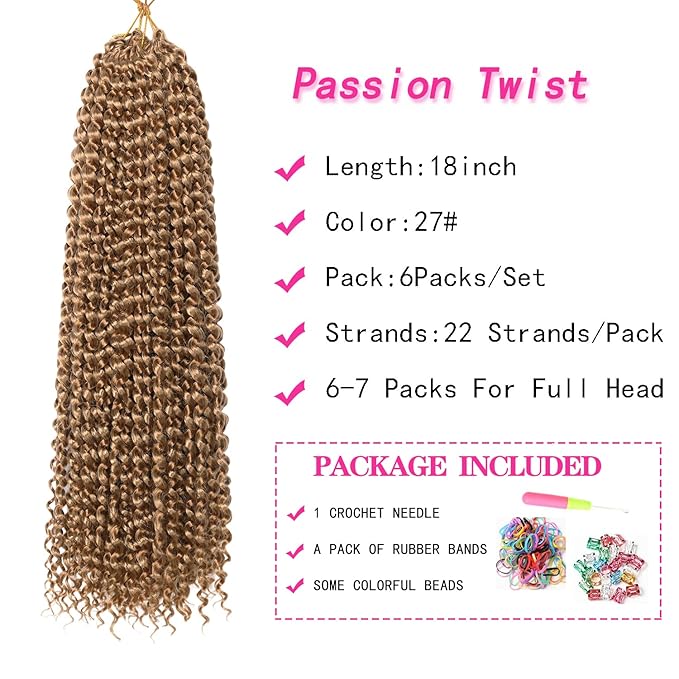 Passion Twist Hair,18 Inch Passion Twist Crochet Hair for Women 6 Packs Ombre Blonde Water Wave Crochet Hair Long Bohemian Synthetic Curly Braiding Hair Extensions(6pcs,#27)