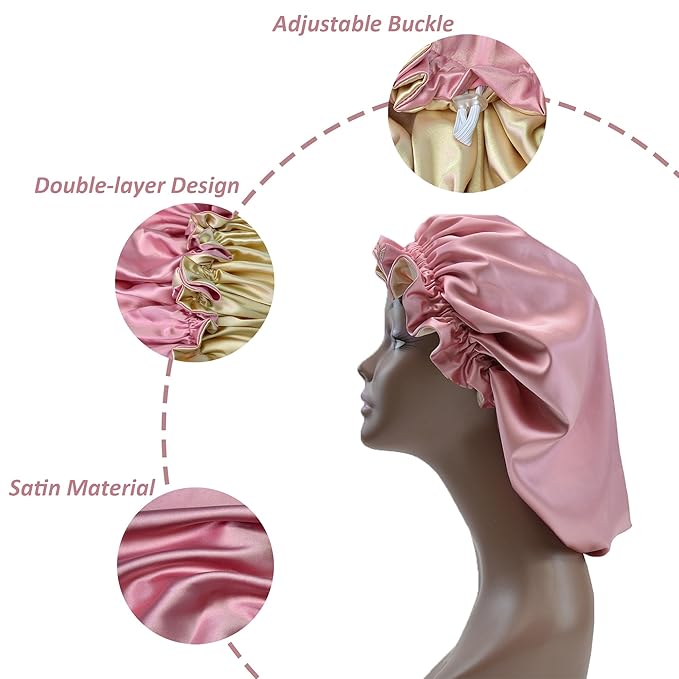Silk Bonnet for Sleeping Satin Bonnets Double Layer Reversible Hair Cap Bonnet for Women Long Curly Braid Hair (Dusty Pink)