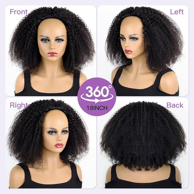 Ali Grace Kinky Curly Half Wig Human Hair 250% Density 3 In 1 Drawstring Seamless Flip Over Half Wigs For Women Glueless Wigs Beginner Friendly Half Curly Human Hair Wig 18 Inch (Black, 18inch)