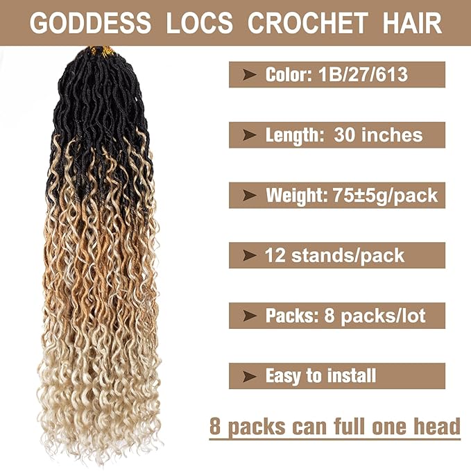 COOKOO 8 Packs 30 Inch Goddess Locs Crochet Hair for Women Ombre 3 Tone Boho Faux Locs Crochet Hair Pre Looped Bohemian Locs Crochet Hair with Curls Hippie River Locs Hair Extentions 1B/27/613#