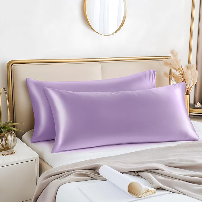 BEDELITE Satin Body Pillow Cover 2 Pack, Super Soft and Cooling Body Pillow Pillowcase for Hair and Skin, Breathable Silky Full Long Pillowcase Cover(20"x54", Lavender)