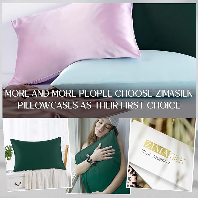 ZIMASILK 100% Pure Mulberry Silk Pillowcase for Hair and Skin Health,Soft and Smooth,Both Sides Premium Grade 6A Silk,600 Thread Count,with Hidden Zipper,1pc (Queen 20''x30'',Blackish Green)