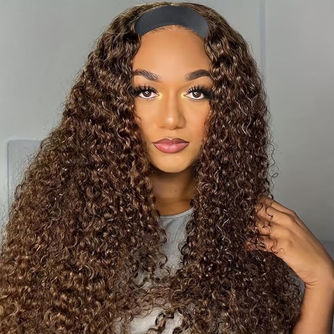 Chocolate Brown Curly Headband Wig Human Hair 24 Inch Machine Made #4 Chocolate Brazilian Virgin Water Wave Headband Half Wigs for Black Women Human Hair