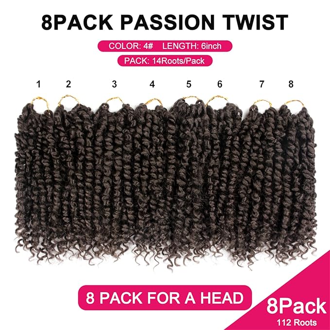 Passion Twist Hair - 8 Packs 6 Inch Passion Twist Crochet Hair For Black Women, Crochet Pretwisted Curly Hair Passion Twists Synthetic Braiding Hair Extensions(6 Inch 8 Packs, #4)