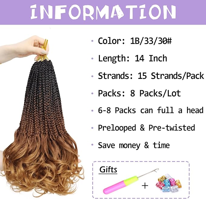 French Curl Crochet Braids 14 Inch Goddess Box Braids Crochet Hair for Women Pre Looped Crochet Box Braid with Curly Ends Synthetic French Curly Braiding Hair Extensions (8 Packs，1B/33/30)