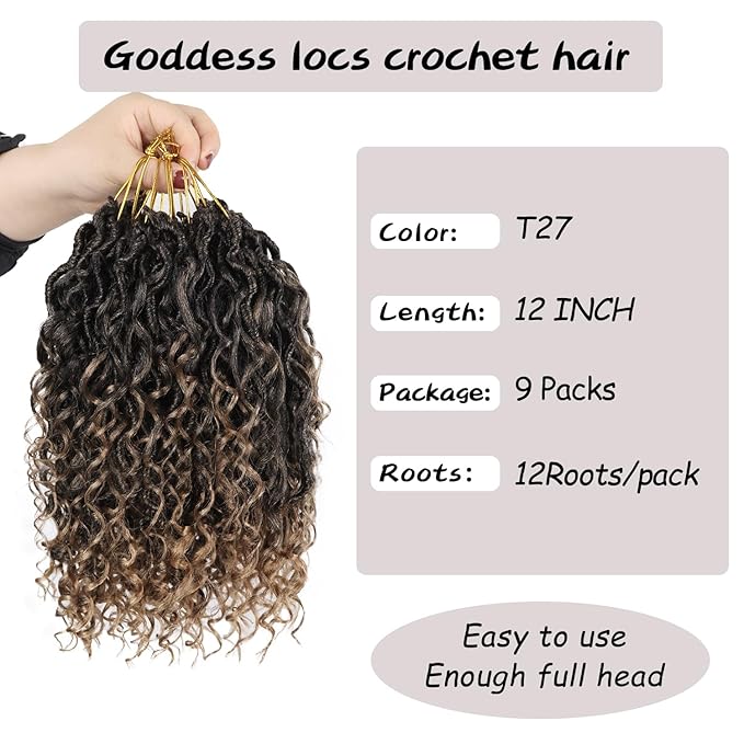 Goddess Locs Crochet Hair,12 Inch 9 Packs Synthetic Faux Locs Crochet Hair for Black Women,River Locs Hair Extensions Boho Style Pre looped Faux Locs with Curly Ends