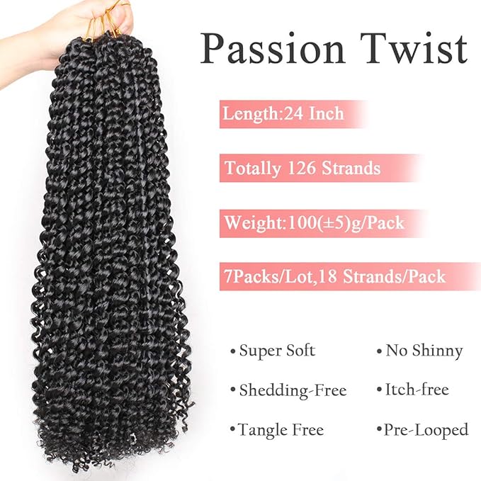 Leeven 24 Inch Long Water Wave Crochet Braids Hair for Passion Twist 7 Packs Natural Black Pre looped Passion Twists Hair for Butterfly Locs Hot Water Setting Braids Hair for Women 1B#