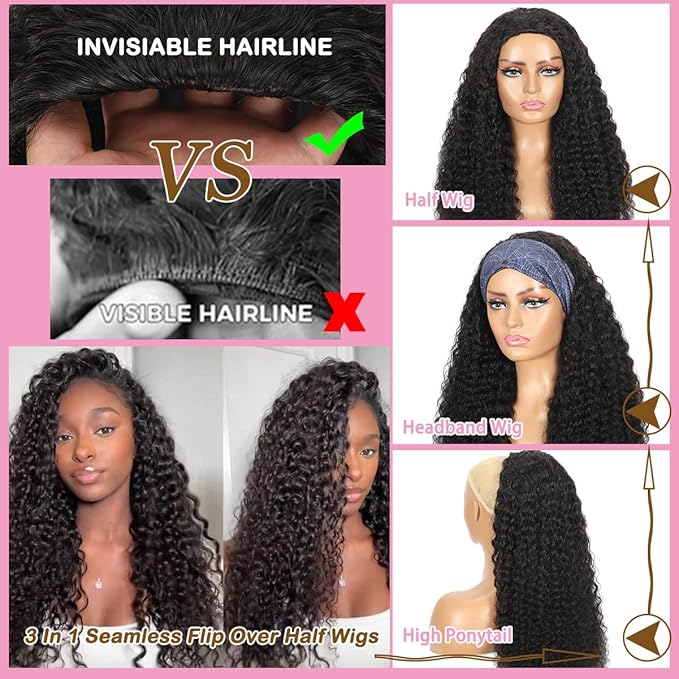 24 Inch Half Wig Human Hair Deep Wave Half Wig 3 in 1 Glueless 200 Density Burmese Curly Half Wig Drawstring Seamless Flip Over Half Wigs for Women Ready to Wear and Go Beginner Friendly