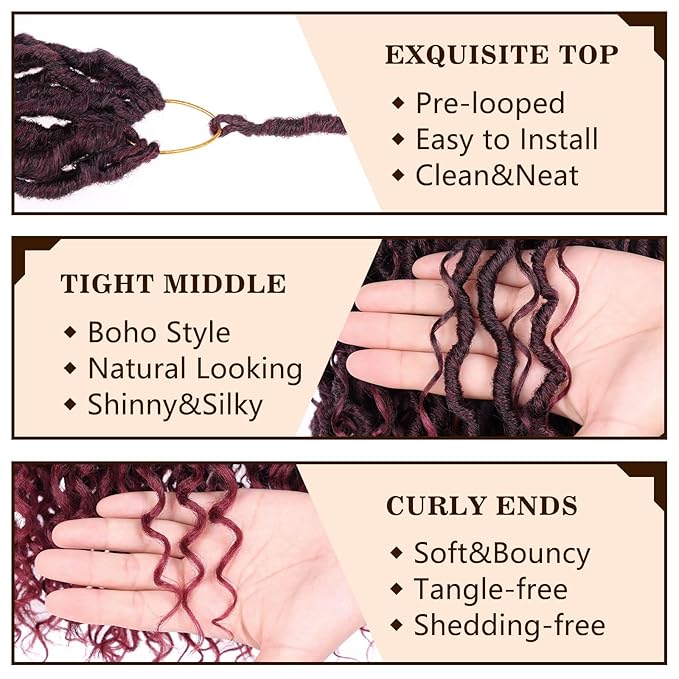 COOKOO Bohemian River Faux Locs Synthetic Braids Hair 18 Inch 8 Packs Burgundy Red Goddess Locs Hair with Curly Ends Ombre River Locs Crochet Braiding Hair for Women Boho Style Crochet Braids Tbug#