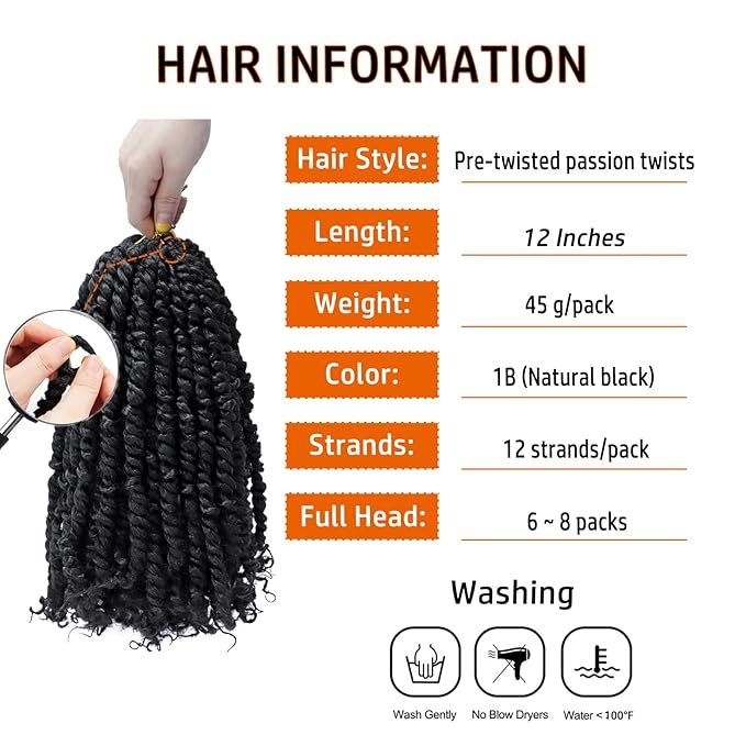 Passion Twist Hair 12 Inch Pre-twisted Passion Twist Crochet Hair for Women Pre-looped Water Wave Crochet Braids Bohemian Curly Braiding Hair Synthetic Hair Extensions 8 packs 1B