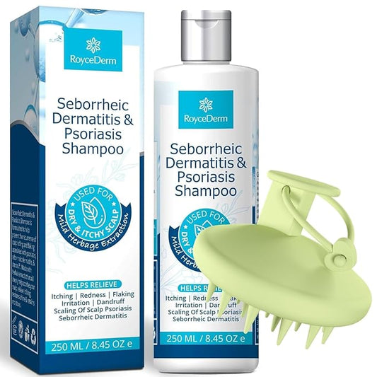 Roycederm Seborrheic Dermatitis & Psoriasis Shampoo with Scalp Massager Brush – Scalp Cleansing & Comfort Care Set for Dry, Itchy, Flaky Scalp, Dandruff & Buildup Support