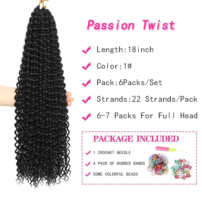 Ubeleco Passion Twist Hair,18 Inch Water Wave Crochet Hair 6 Packs Black Passion Twists Crochet Hair for Women Long Bohemian Synthetic Curly Braiding Hair Extension(6pcs,#1)