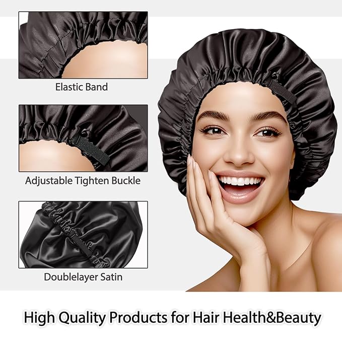 silk bonnet for sleeping women - Adjustable Double Layer Satin Sleep Cap for Curly Natural Hair- Long Hair & Braids - Anti-Frizz, Soft Hair Night Cap (Black)